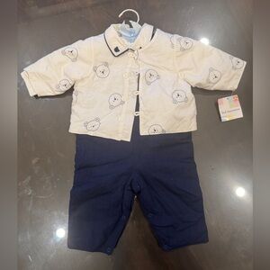 First Impressions Cream Bear Jacket and Navy Pants 3 piece set.